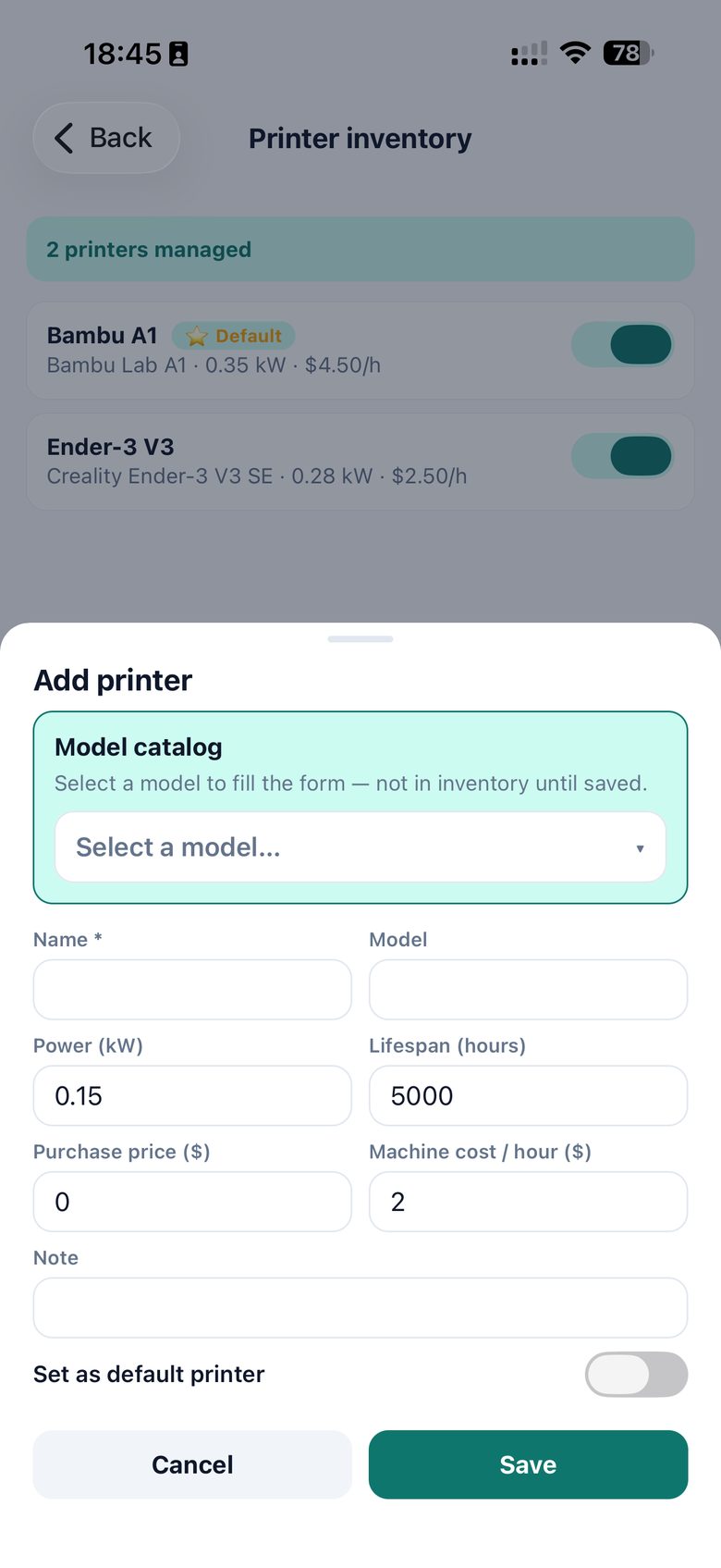 Cin3D settings screen